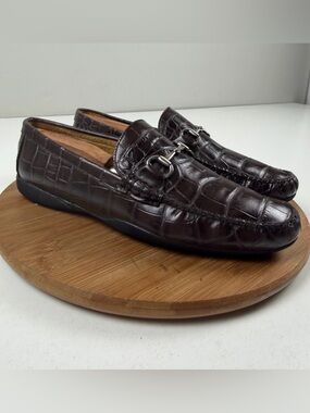 Peter Millar Dark Brown Croc-Embossed Leather Bit Loafers